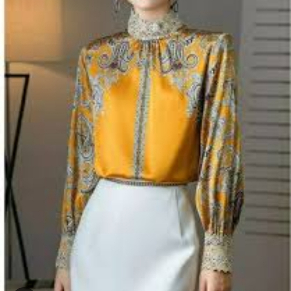 Satin Lace Mock-Neck Blouse Printed Long Sleeves Career Formal Long Sleeves Med